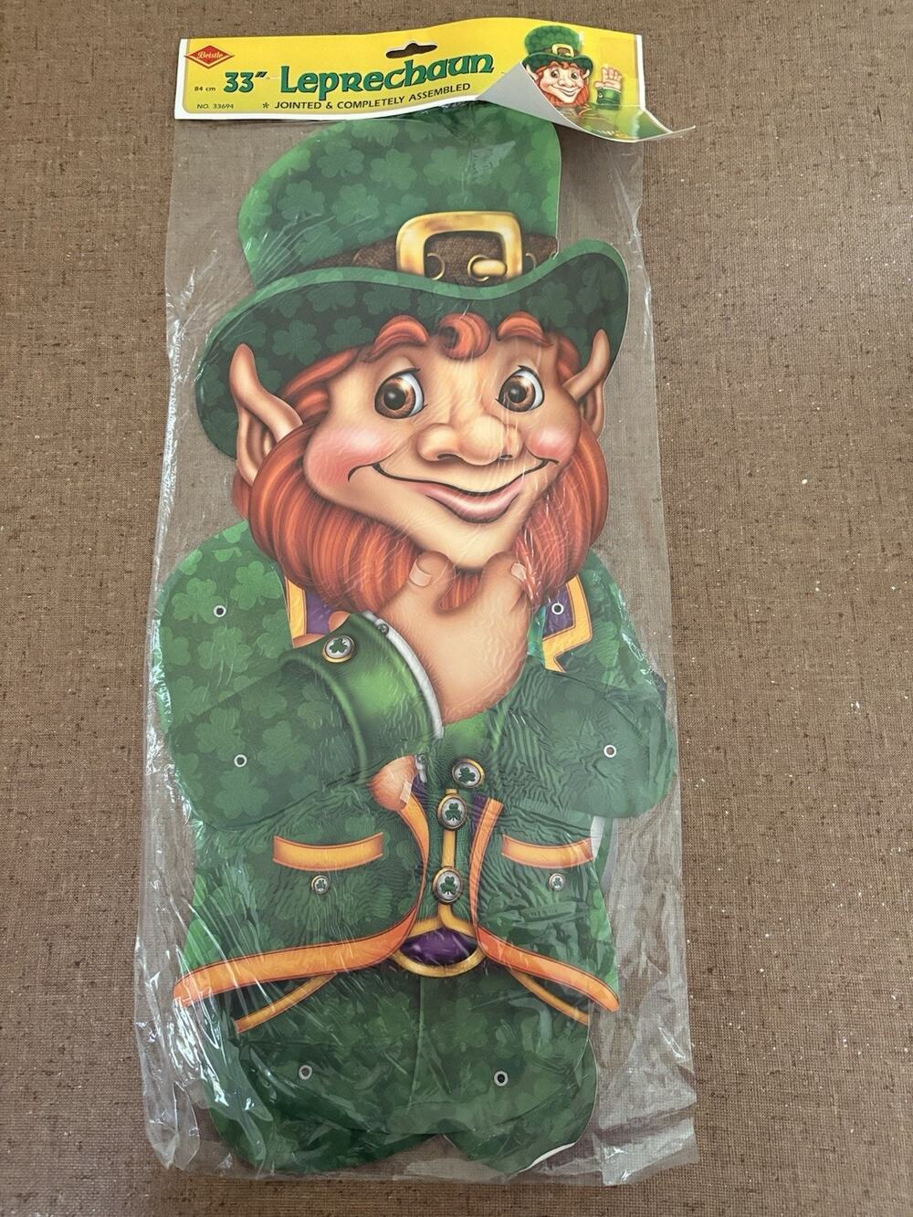 Vtg Beistle St Patricks Day die cut Jointed leprechaun 33β Cardboard Cut Out New